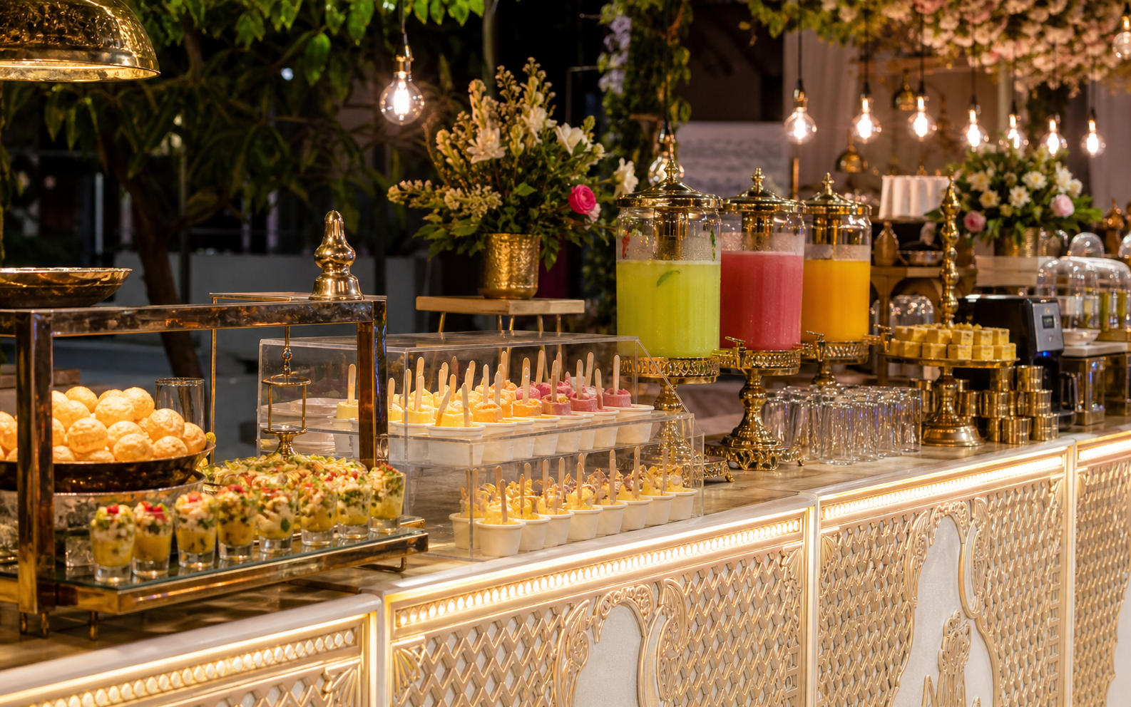 Premium wedding add-on counter with snacks, drinks and desserts