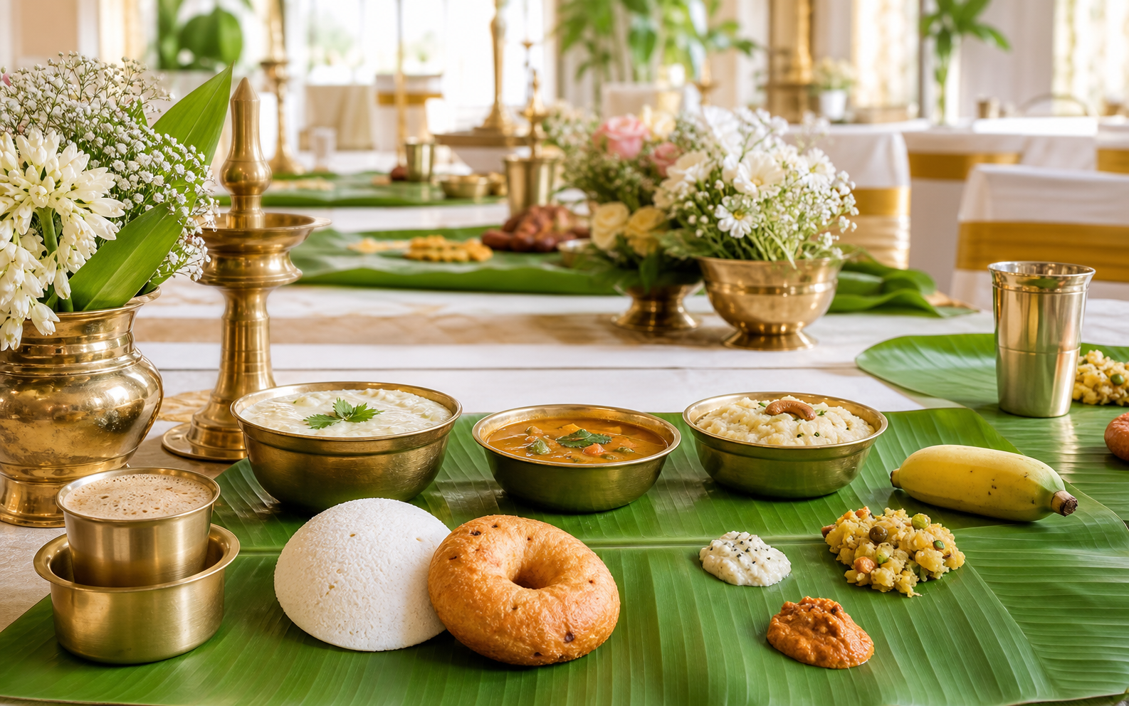 South Indian breakfast setup on banana leaves